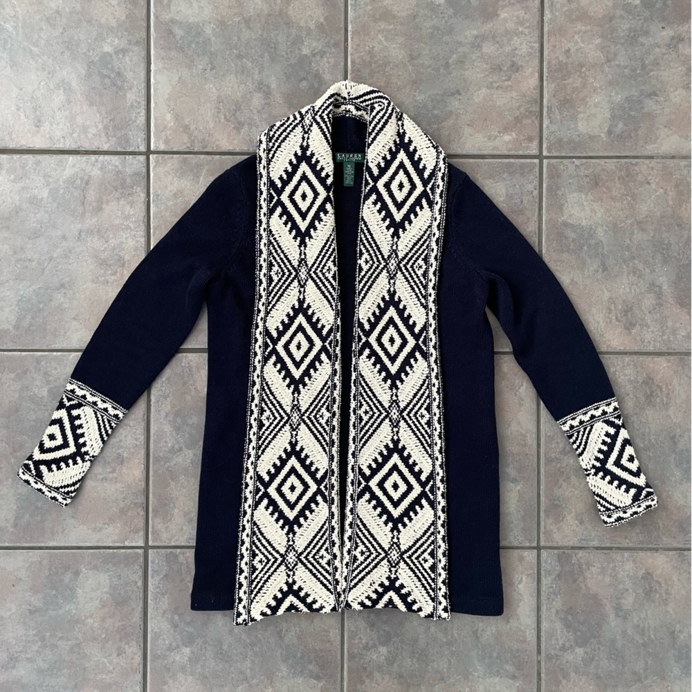 Lauren Ralph Lauren Navy Blue Boho Aztec Knitted Southwest Cardigan Petite Small - Picture 1 of 5